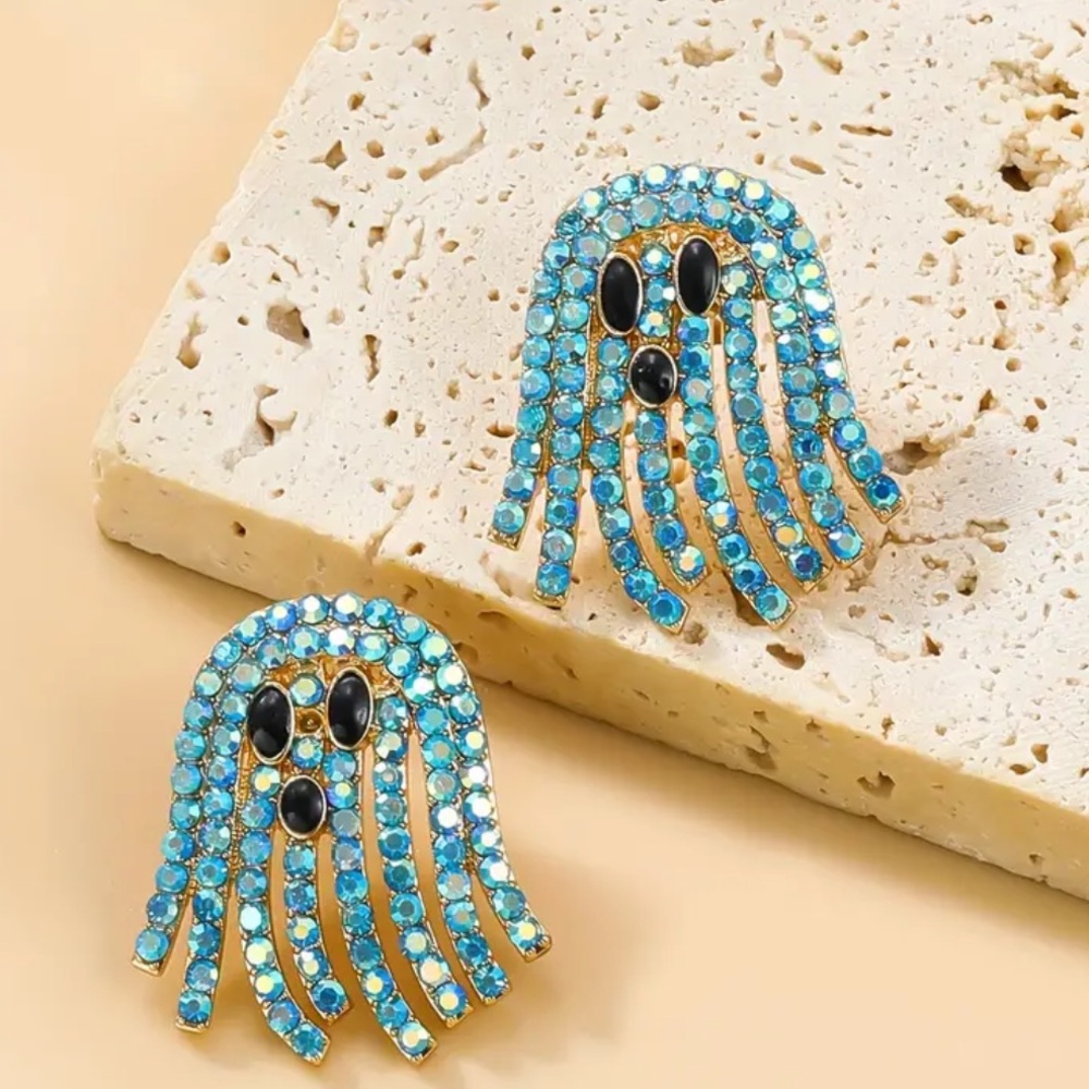 Blue Rhinestone Ghost Earrings, Halloween Earrings
